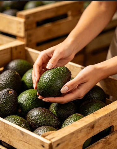 Hands grading a Hass avocado at harvest