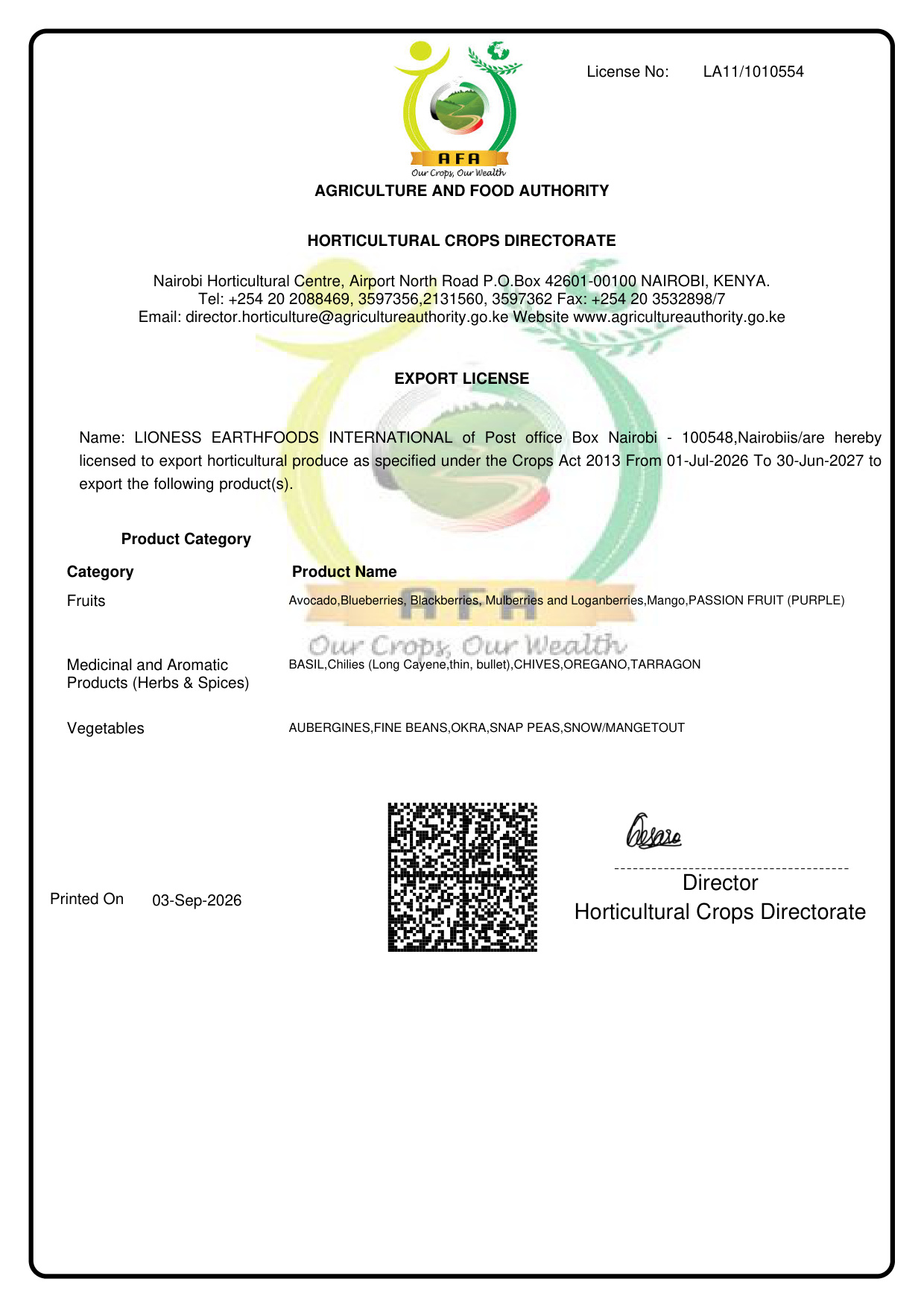 Scanned Horticultural Exporter License issued to Lioness Earthfoods International
